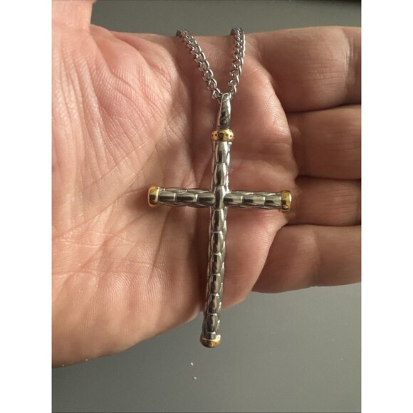 Vintage Jewelry Silver Gold Religious Cross Pendant 2.5 Inch Stainless Steel - Picture 5 of 6